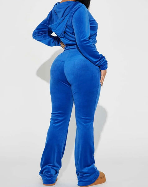 Women Solid Color Hooded Velour Two Piece Tracksuit Pant Set