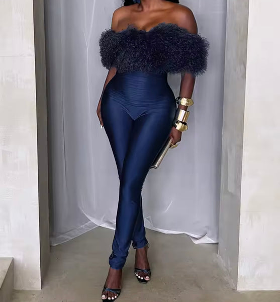 Women Fashion Fur Strapless Jumpsuit