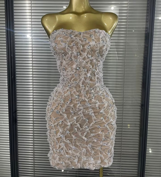Women Sexy Strapless Rhinestone Mesh Dress