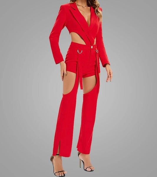 Women Fashion Open Back Blazer Two Piece Pant Set