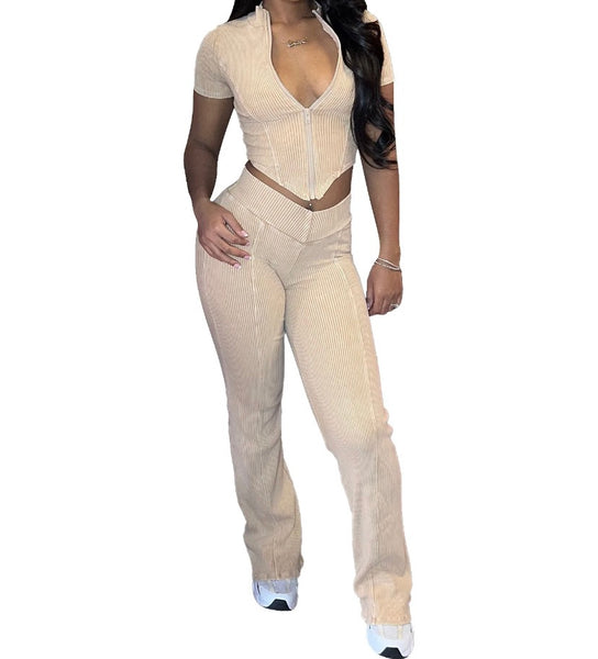 Women Fashion Zip Up Short Sleeve Two Piece Pant Set