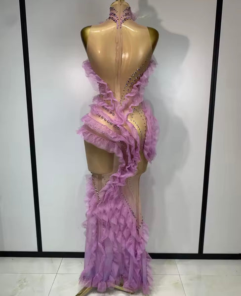 Women Sexy Sleeveless Color Rhinestone Ruffled Mesh Maxi Dress