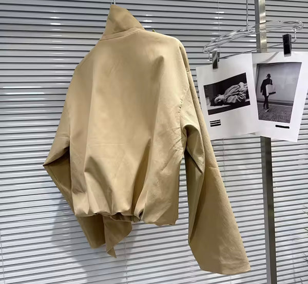 Women Fashion Khaki Draped Full Sleeve Two Piece Pleated Skirt Set