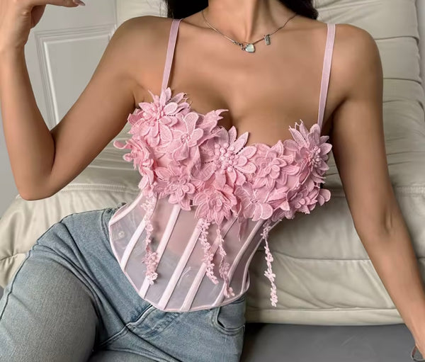 Women Pink Sleeveless Floral Mesh Tank Top