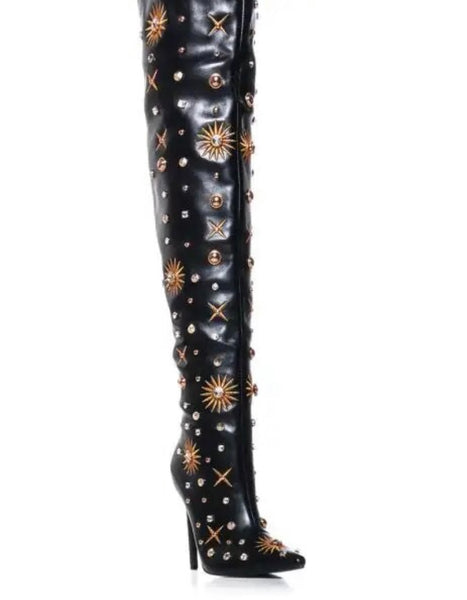 Women Pointed Toe Fashion Faux Leather Rivet Thigh High Boots