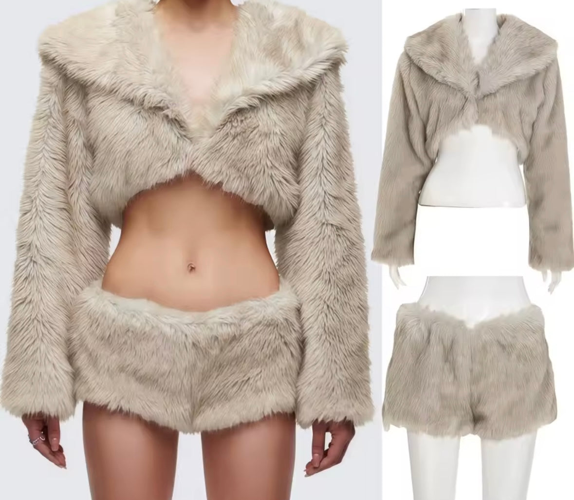 Women Sexy Fashion Faux Fur Crop Two Piece Short Set