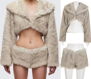 Women Sexy Fashion Faux Fur Crop Two Piece Short Set