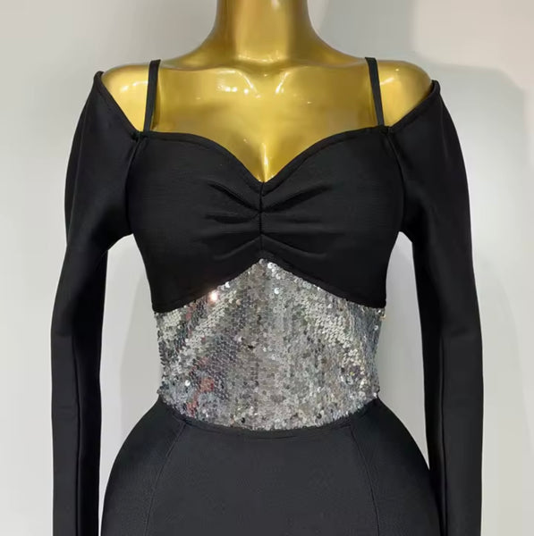 Women Sexy Black Sequins Patchwork Full Sleeve Maxi Dress