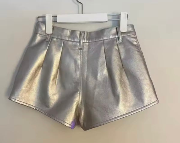 Women Silver Fashion Faux Leather Shorts