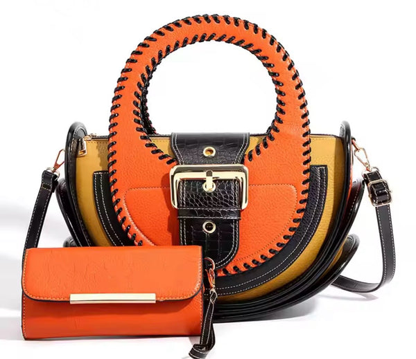 Women Fashion Color Patchwork Buckled Leather Wallet Purse Set