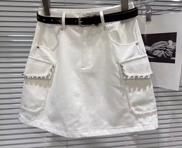 Women Fashion Beaded Bling Pocket Skirt