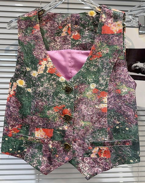 Women Purple Floral Fashion Button Up Vest Two Piece Denim Cargo Pant Set