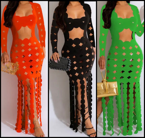 Women Sexy Solid Color Hollow Out Full Sleeve Open Back Tassel Dress