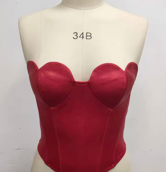 Women Sexy Red Heart Strapless Satin Corset Top