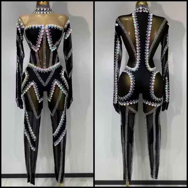 Women Sexy Black Rhinestone Sequins Full Sleeve Jumpsuit