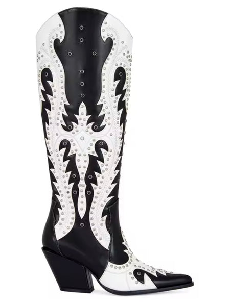 Women Fashion B&W Rivet Knee High Western Boots