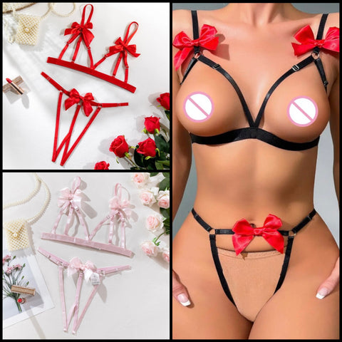 Women Sexy Bow Cut Out G-String Lingerie Set