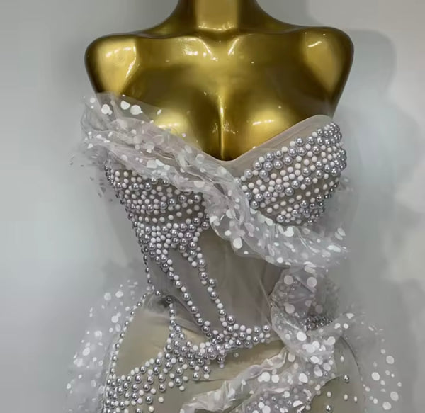 Women White Sexy Strapless Pearl Ruffle Mesh Dress