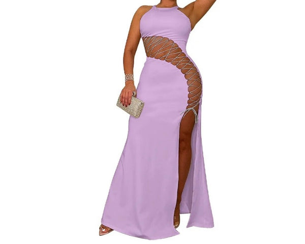 Women Sexy Solid Color Sleeveless Lace Up Maxi Dress