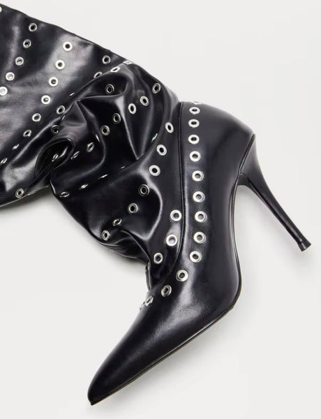 Women Fashion Black Rivet Faux Leather Knee High Boots