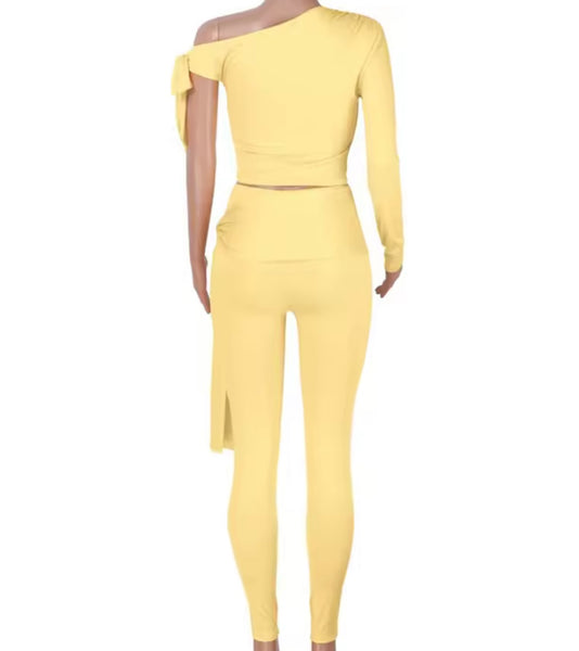 Women Solid Color Tie Up One Shoulder Two Piece Pant Set