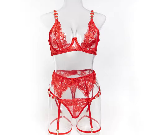 Women Sexy Metal Crystal Lace Lingerie Set