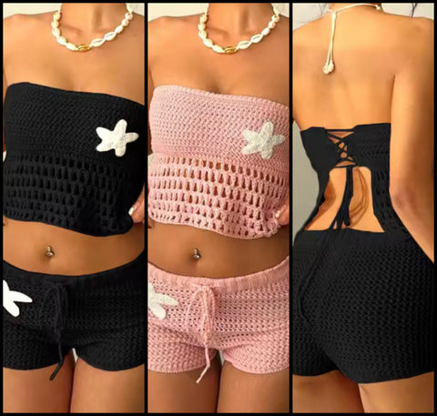 Women Sexy Strapless Tie Up Open Back Knitted Two Piece Short Set