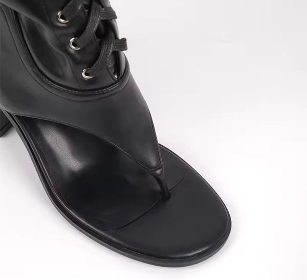 Women Black Open Toe Lace Up Square Heel Knee High Boots