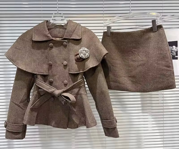 Women Fashion Bling Pin Button Up Jacket Two Piece Skirt Set