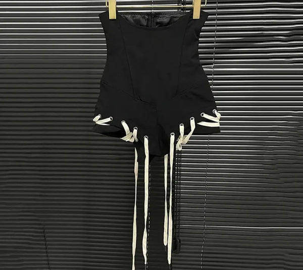 Women Black Sexy Strapless Lace Up Romper