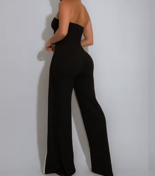 Women Sexy Strapless Button Striped Asymmetrical Jumpsuit