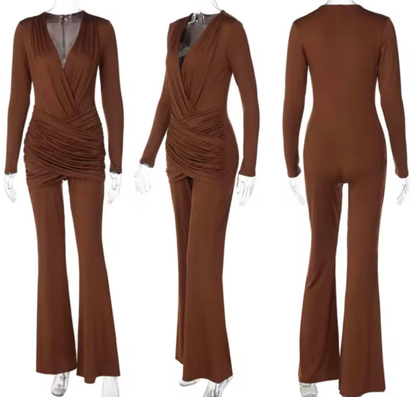 Women Sexy Solid Color V-Neck Full Sleeve Ruched Jumpsuit