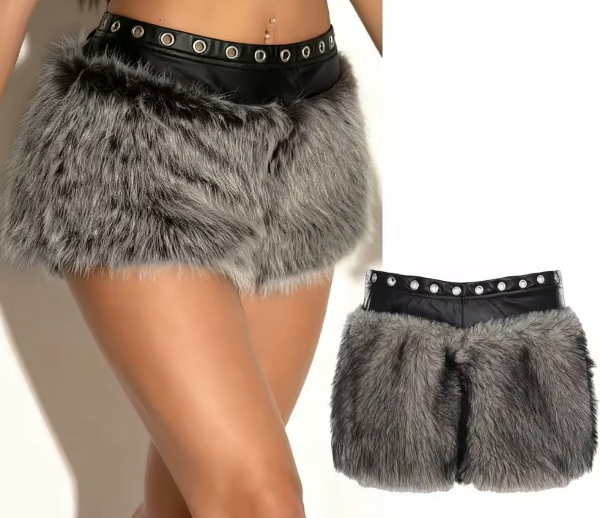 Women Faux  Fur Leather Patchwork Fashion Shorts
