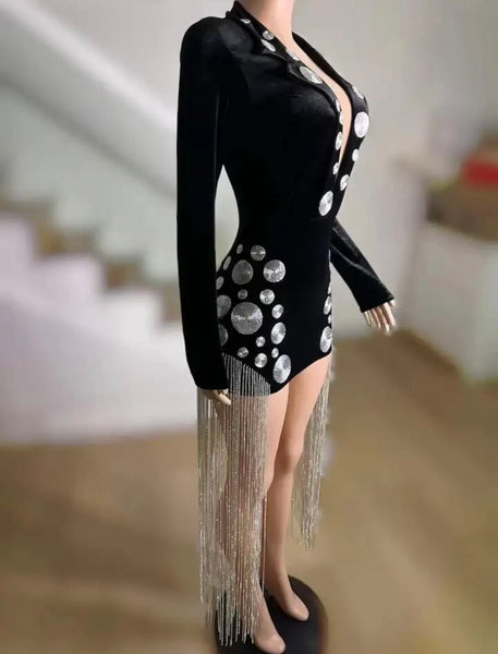 Women Sexy V-Neck Full Sleeve Black Bling Tassel Velour Dress