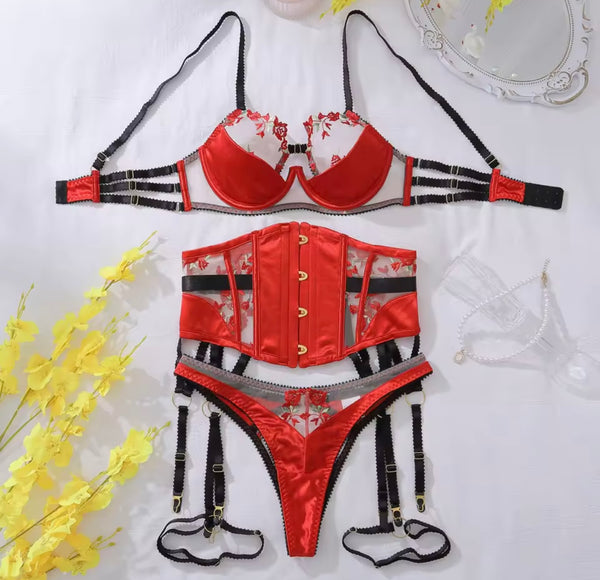 Women Sexy Floral Print Garter Belt Lingerie Set