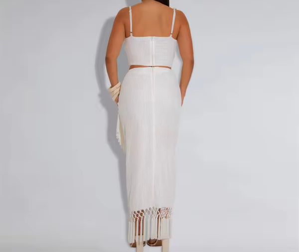 Women Sexy Chain Sleeveless Fringe Two Piece Maxi Skirt Set