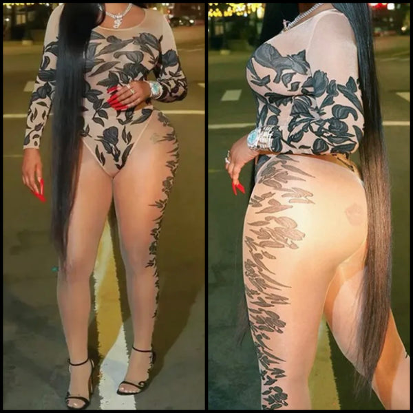 Women Sexy Nude Printed Mesh Two Piece Feet In Pant Set