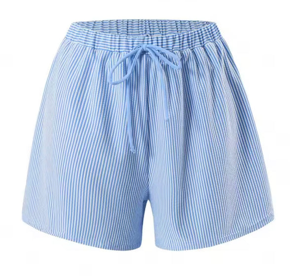 Women Blue Striped Swimsuit Shorts Cover Up Set