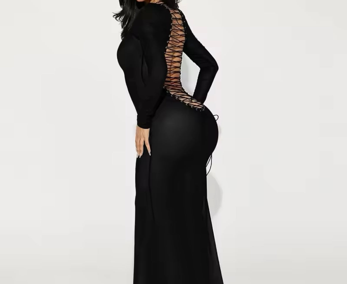 Women Sexy Open Lace Up Black Full Sleeve Short/Maxi Dress