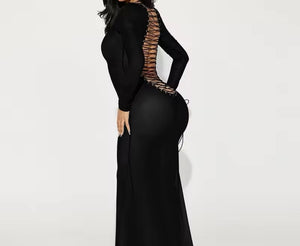 Women Sexy Open Lace Up Black Full Sleeve Short/Maxi Dress
