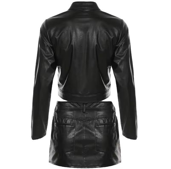 Women Fire Fashion Faux Leather Jacket Two Piece Skirt Set