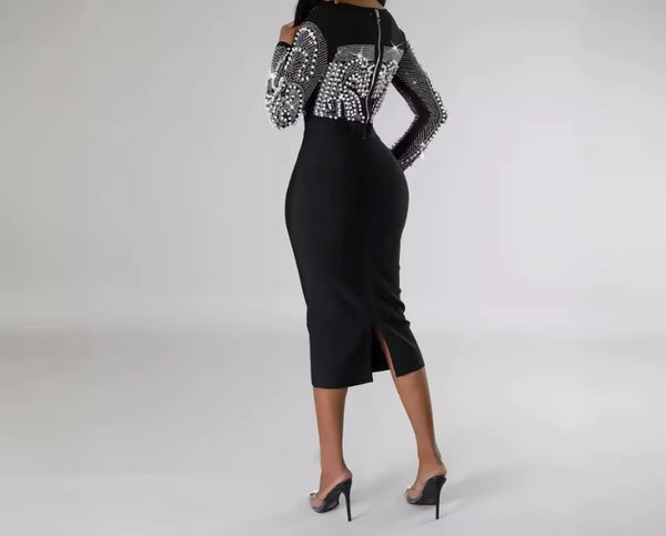 Women Sexy Black Bling Full Sleeve Two Piece Skirt Set