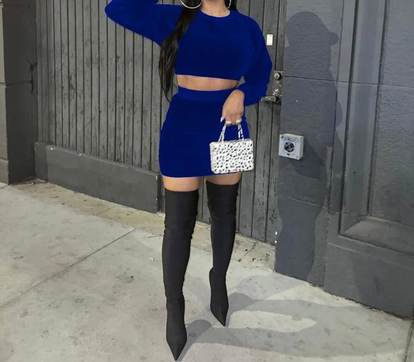 Women Solid Color Full Sleeve Crop Two Piece Fashion Skirt Set