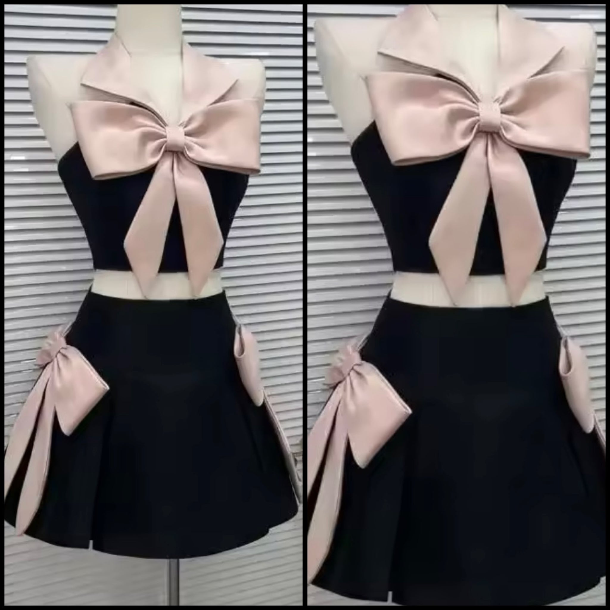 Women Sexy Color Patchwork Bow Sleeveless Two Piece Skirt Set