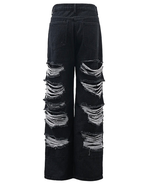 Women Fashion Black Ripped Denim Wide Leg Pants