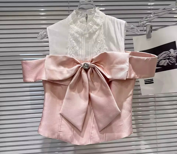 Women Bling Bow Color Patchwork Sleeveless Top