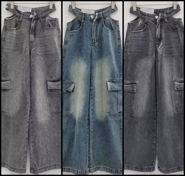 Women Fashion Cut Out Wide Leg Cargo Denim Pants