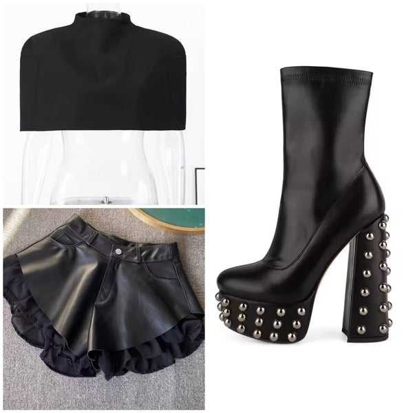 Women Black Ruffled Faux Leather Fashion Shorts