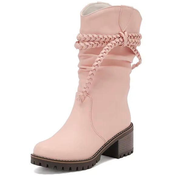 Women Fashion Ruched Rope Faux Leather Ankle Boots
