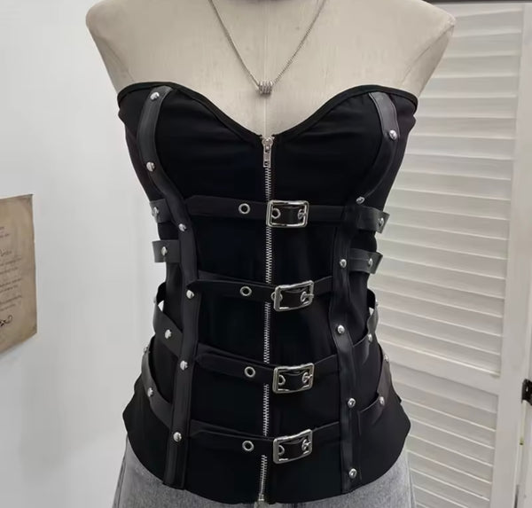 Women Strapless Zip Up Buckled Rivet Corset Top